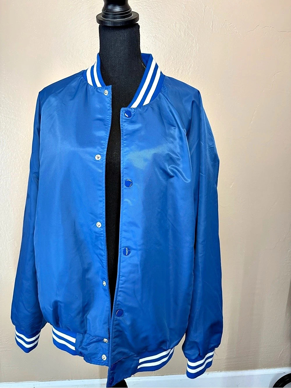 Jaywalker Royal Blue Striped Trim Satin Varsity Snap Front Bomber Jacket XL